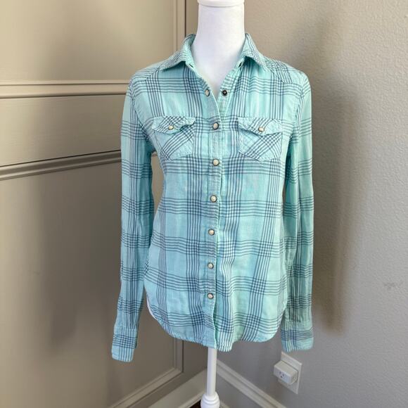 American Eagle Pearl Snap Plaid Shirt Navy Aqua Long Sleeve Size 2 Y2K Grunge - Picture 1 of 8